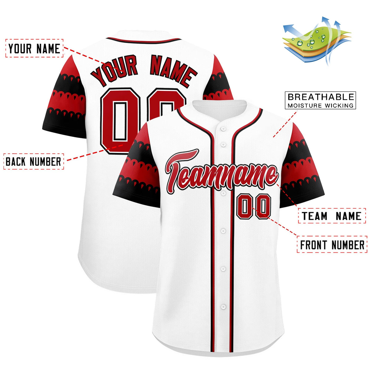 Custom White Red Black Sleeve Flag Lace Baseball Jersey | Sublimation Printed &amp; Embroidery,Add Name and Numbern,Perfect for Teams | KXKSHOP