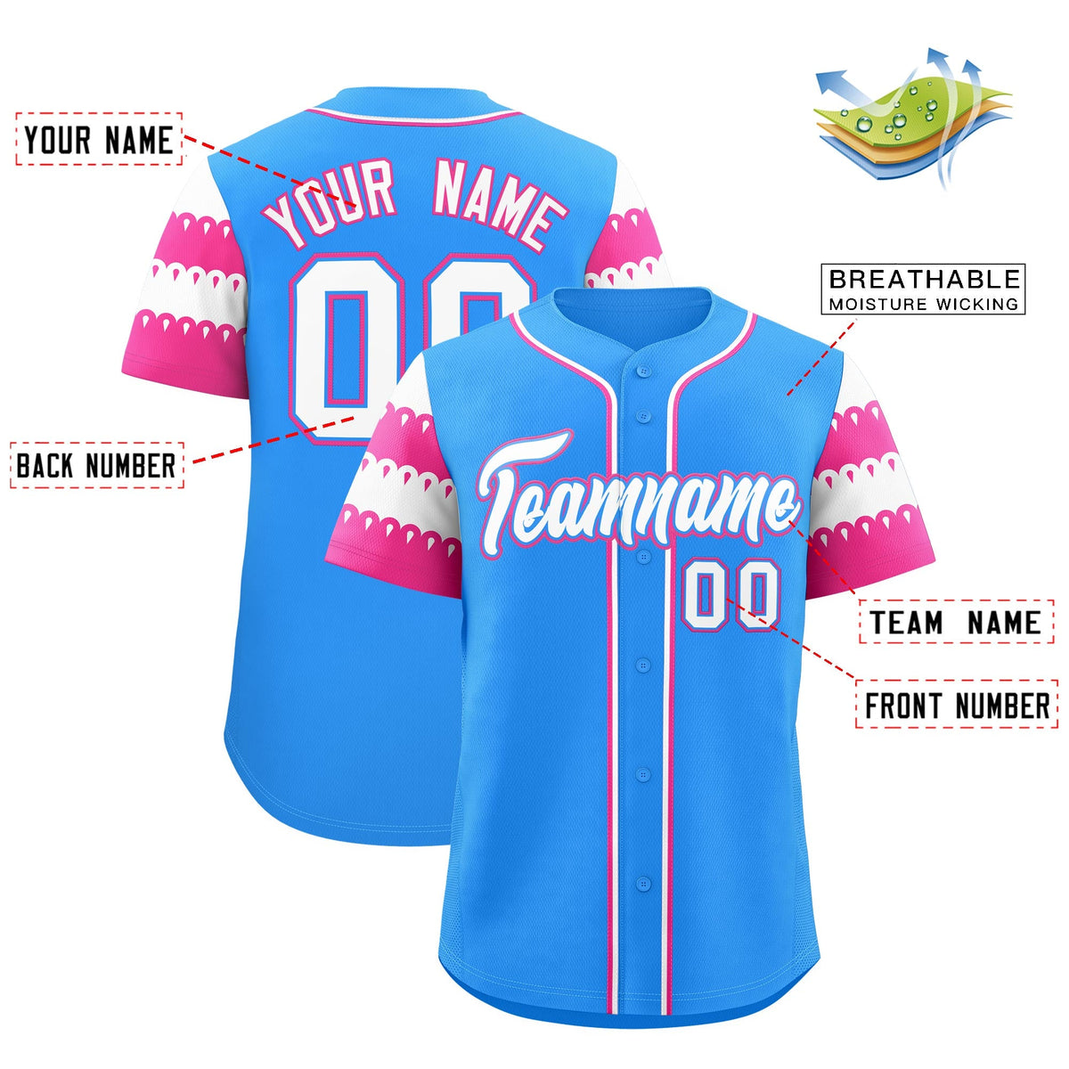 Custom Powder Blue Pink White Sleeve Flag Lace Baseball Jersey | Sublimation Printed &amp; Embroidery,Add Name and Numbern,Perfect for Teams | KXKSHOP