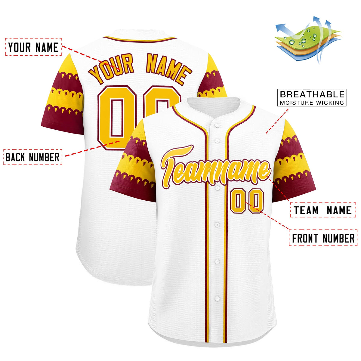 Custom White Crimson Gold Sleeve Flag Lace Baseball Jersey | Sublimation Printed &amp; Embroidery,Add Name and Numbern,Perfect for Teams | KXKSHOP