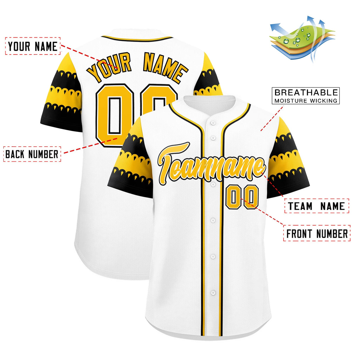 Custom White Gold Black Sleeve Flag Lace Baseball Jersey | Sublimation Printed &amp; Embroidery,Add Name and Numbern,Perfect for Teams | KXKSHOP