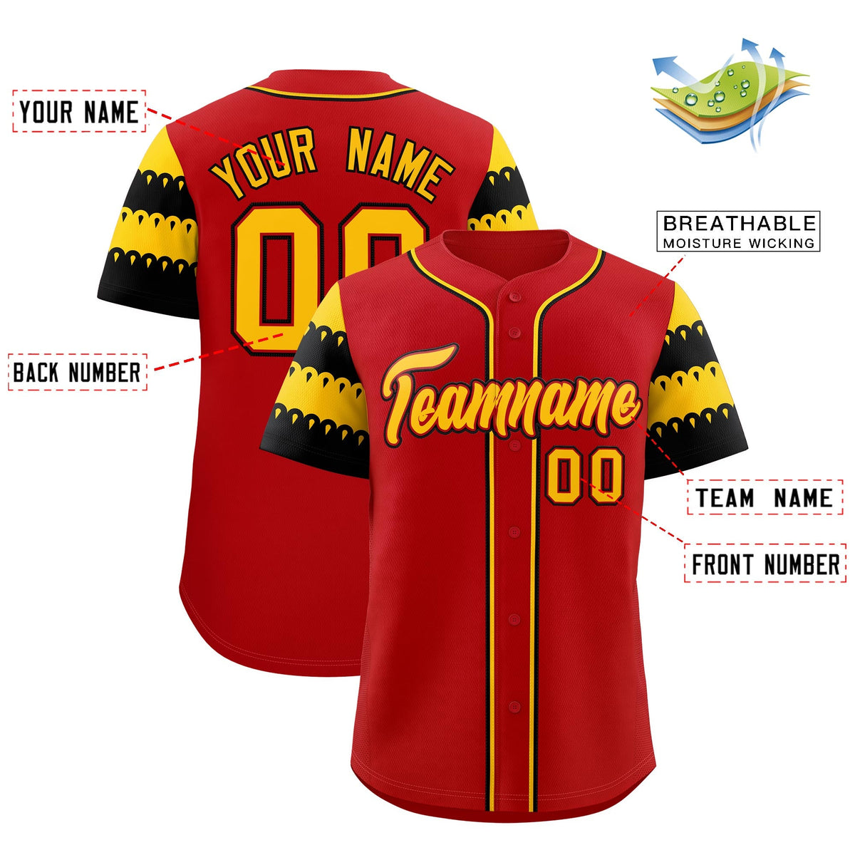 Custom Red Gold Black Sleeve Flag Lace Baseball Jersey | Sublimation Printed &amp; Embroidery,Add Name and Numbern,Perfect for Teams | KXKSHOP