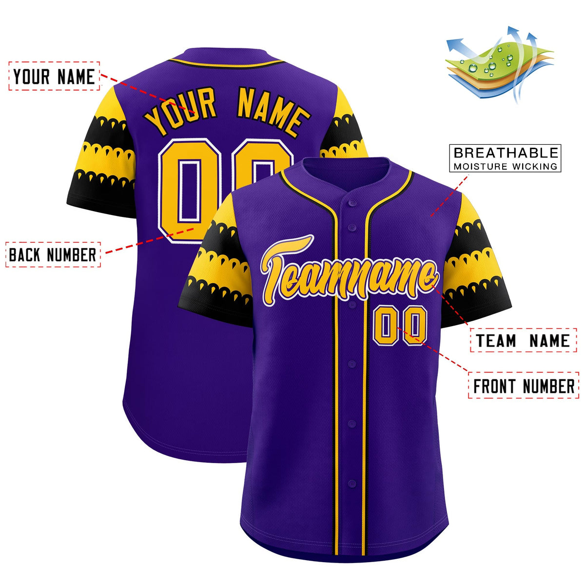 Custom Purple Gold Black Sleeve Flag Lace Baseball Jersey | Sublimation Printed &amp; Embroidery,Add Name and Numbern,Perfect for Teams | KXKSHOP