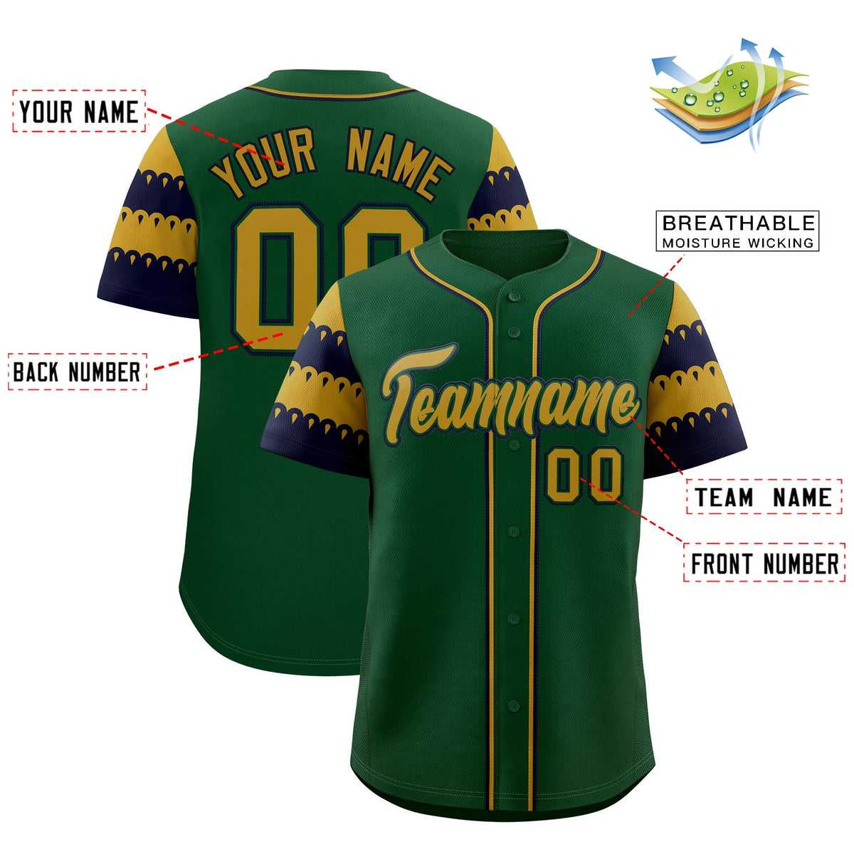 Custom Green Old Gold Navy Sleeve Flag Lace Baseball Jersey | Sublimation Printed &amp; Embroidery,Add Name and Numbern,Perfect for Teams | KXKSHOP