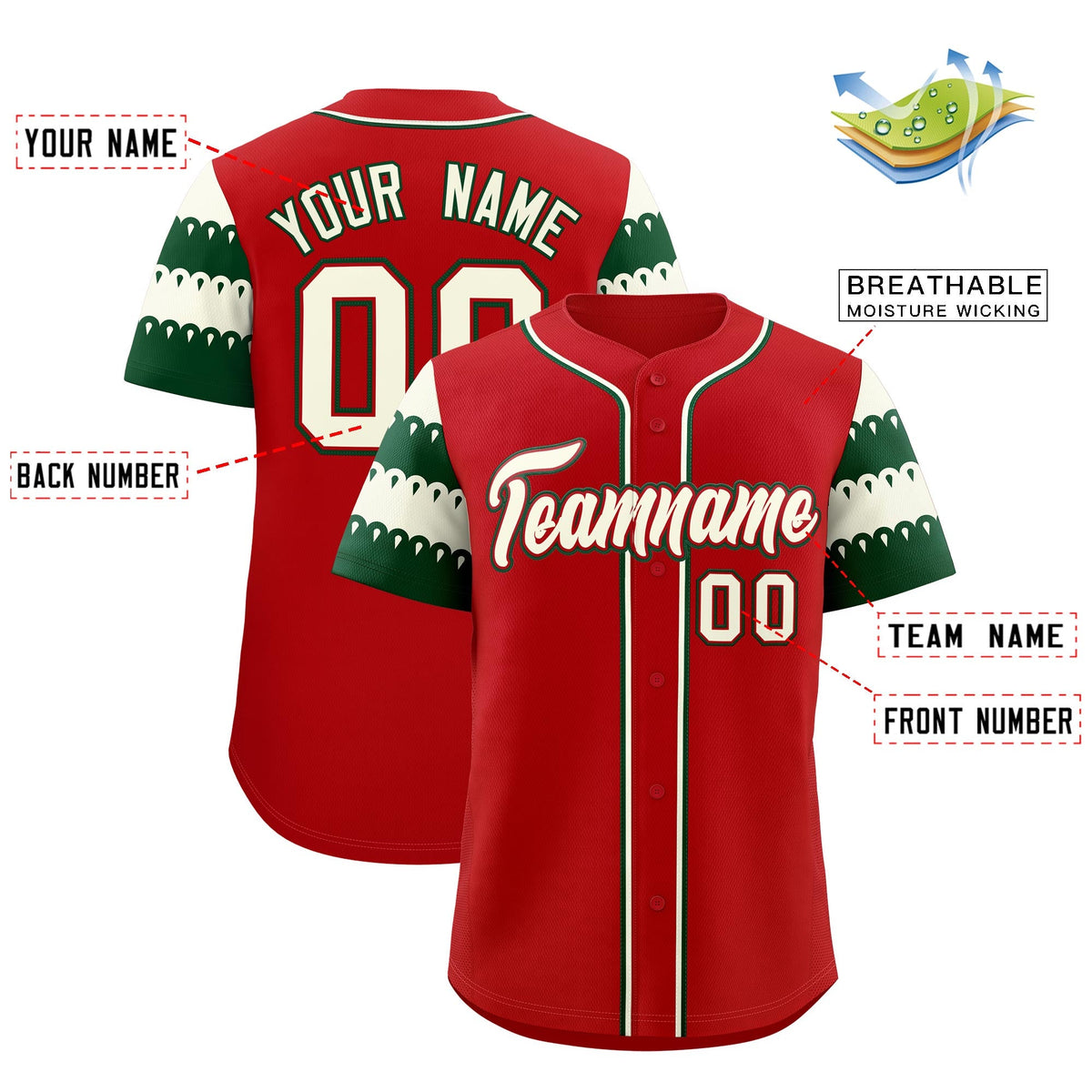 Custom Red White Green Sleeve Flag Lace Baseball Jersey | Sublimation Printed &amp; Embroidery,Add Name and Numbern,Perfect for Teams | KXKSHOP