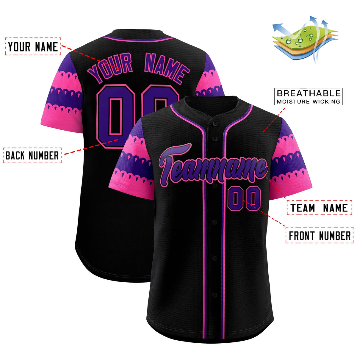 Custom Black Pink Purple Sleeve Flag Lace Baseball Jersey | Sublimation Printed &amp; Embroidery,Add Name and Numbern,Perfect for Teams | KXKSHOP
