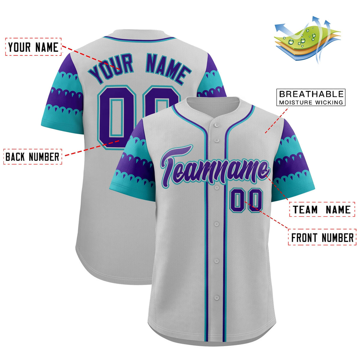 Custom Gray Aqua Purple Sleeve Flag Lace Baseball Jersey | Sublimation Printed &amp; Embroidery,Add Name and Numbern,Perfect for Teams | KXKSHOP