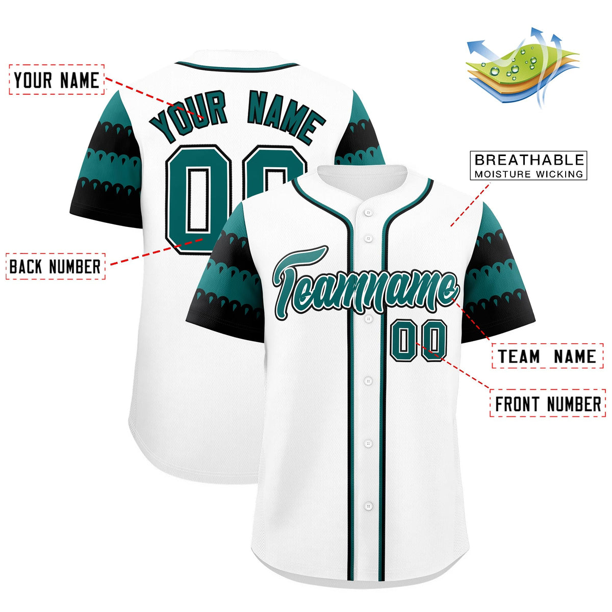 Custom White Teal Black Sleeve Flag Lace Baseball Jersey | Sublimation Printed &amp; Embroidery,Add Name and Numbern,Perfect for Teams | KXKSHOP