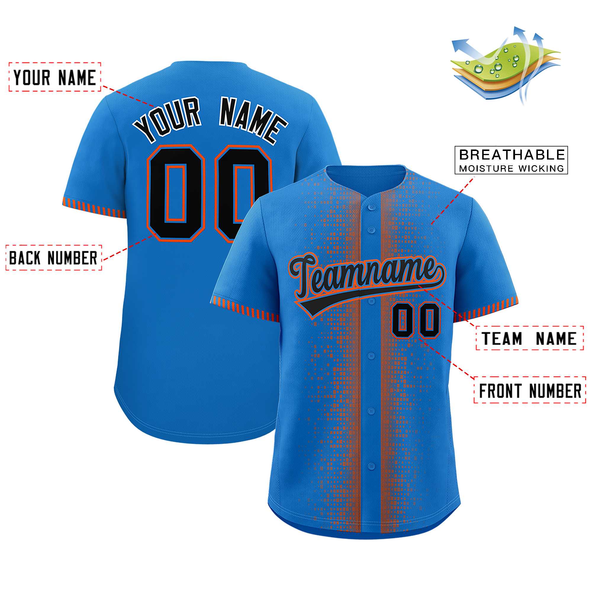 Custom Powder Blue Orange Personalized Phonetic Rhythm Authentic Baseball Jersey | KXKSHOP