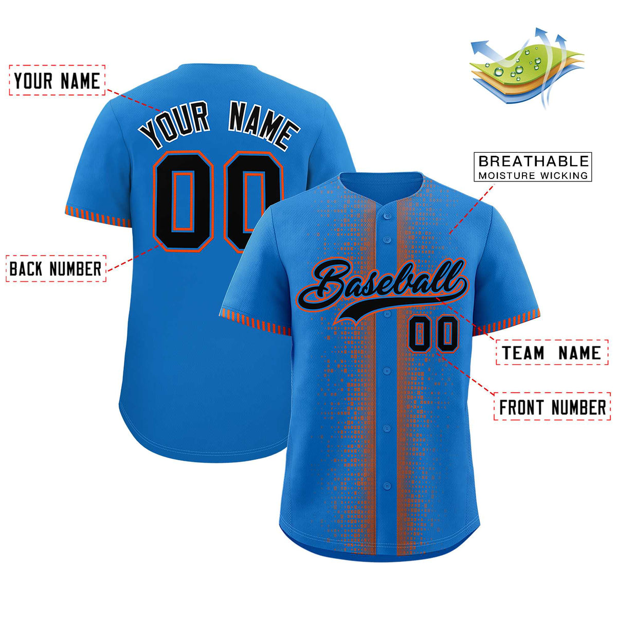 Custom Powder Blue Orange Personalized Phonetic Rhythm Authentic Baseball Jersey | KXKSHOP