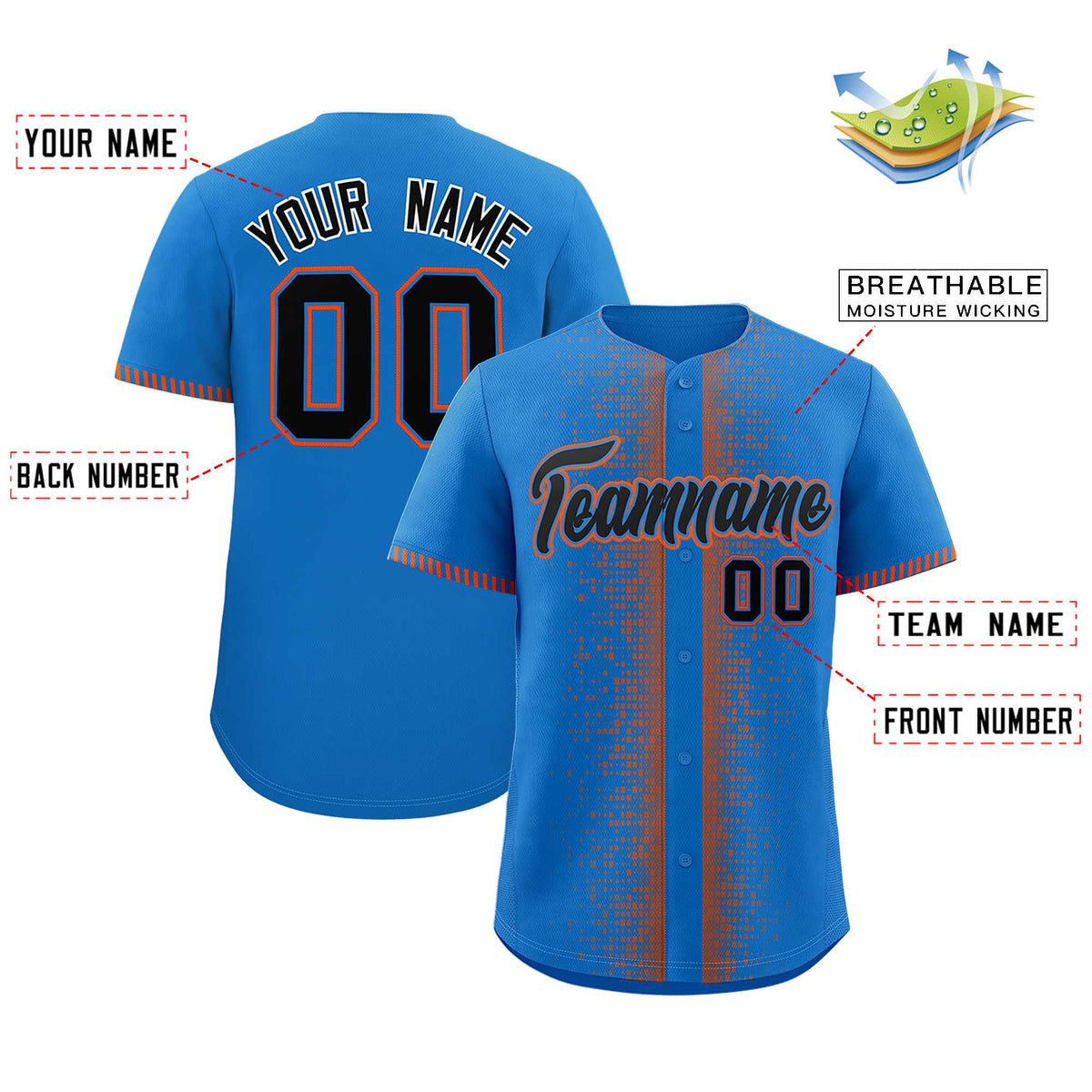Custom Powder Blue Orange Personalized Phonetic Rhythm Authentic Baseball Jersey | KXKSHOP
