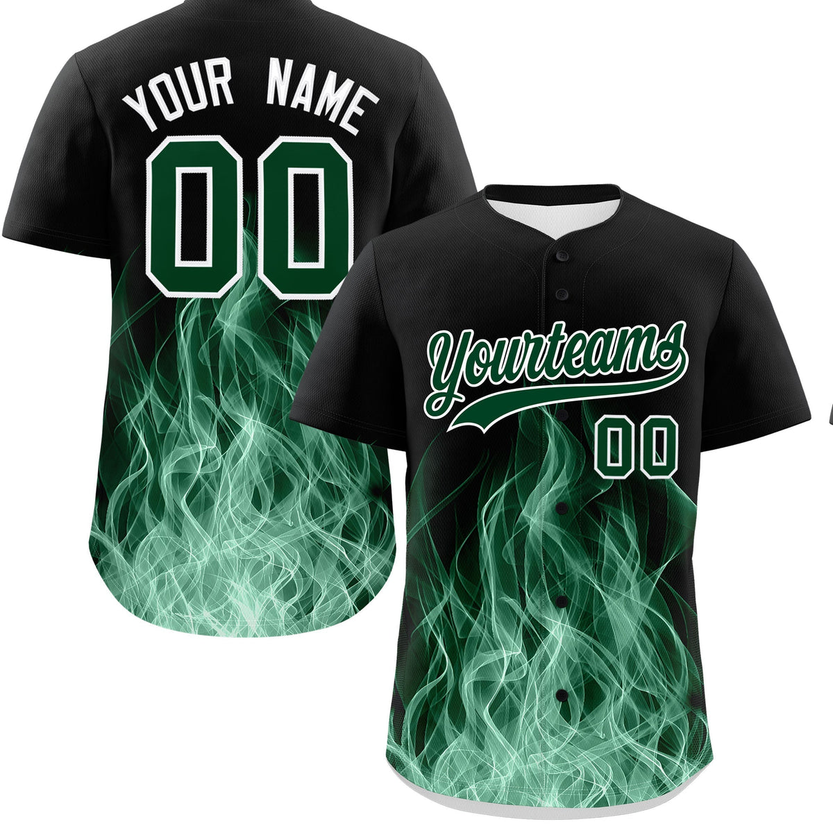 Custom Black Green White Flame Graffiti Pattern Personalization Baseball Jersey| KXKSHOP