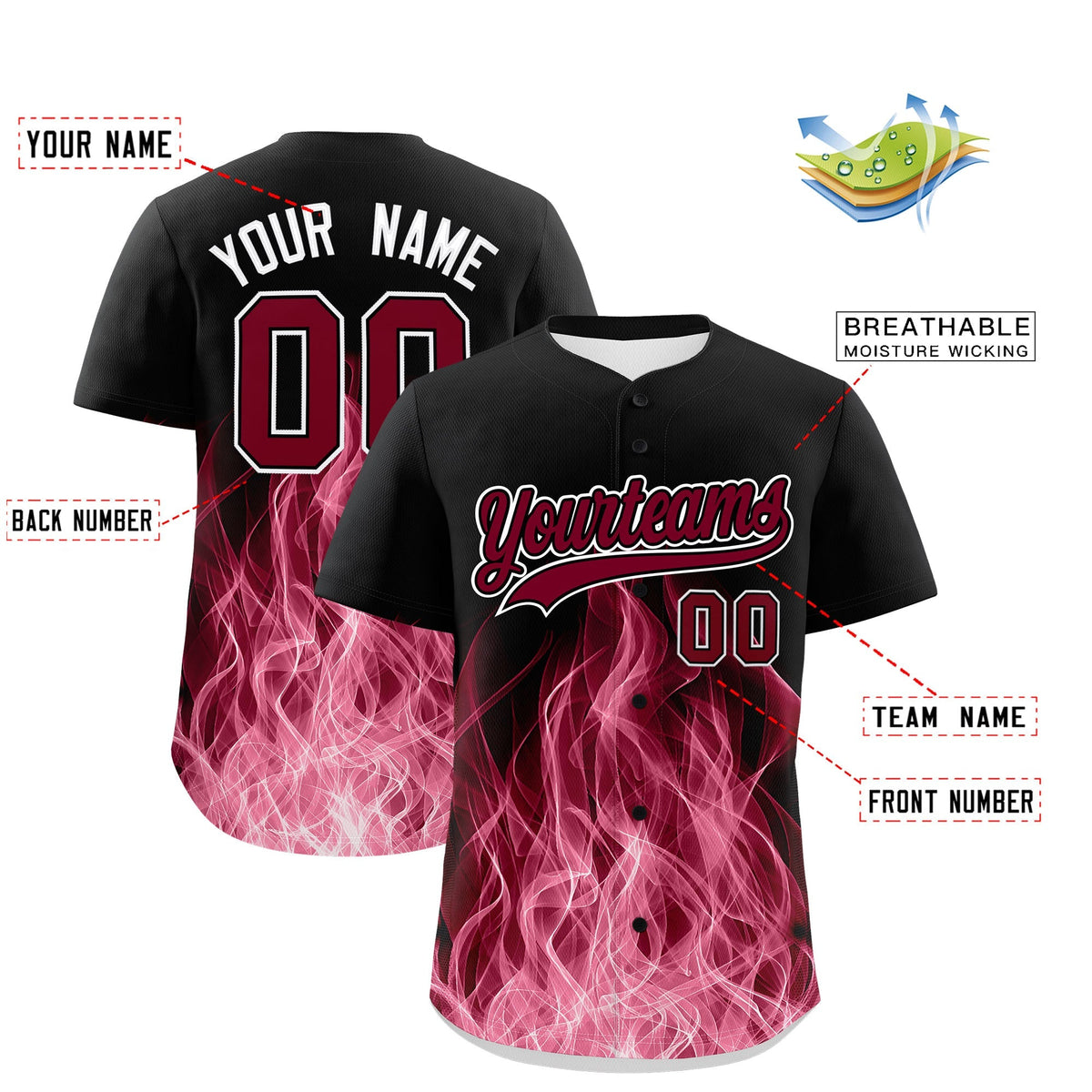 Custom Black Crimson White Flame Graffiti Pattern Personalization Baseball Jersey| KXKSHOP