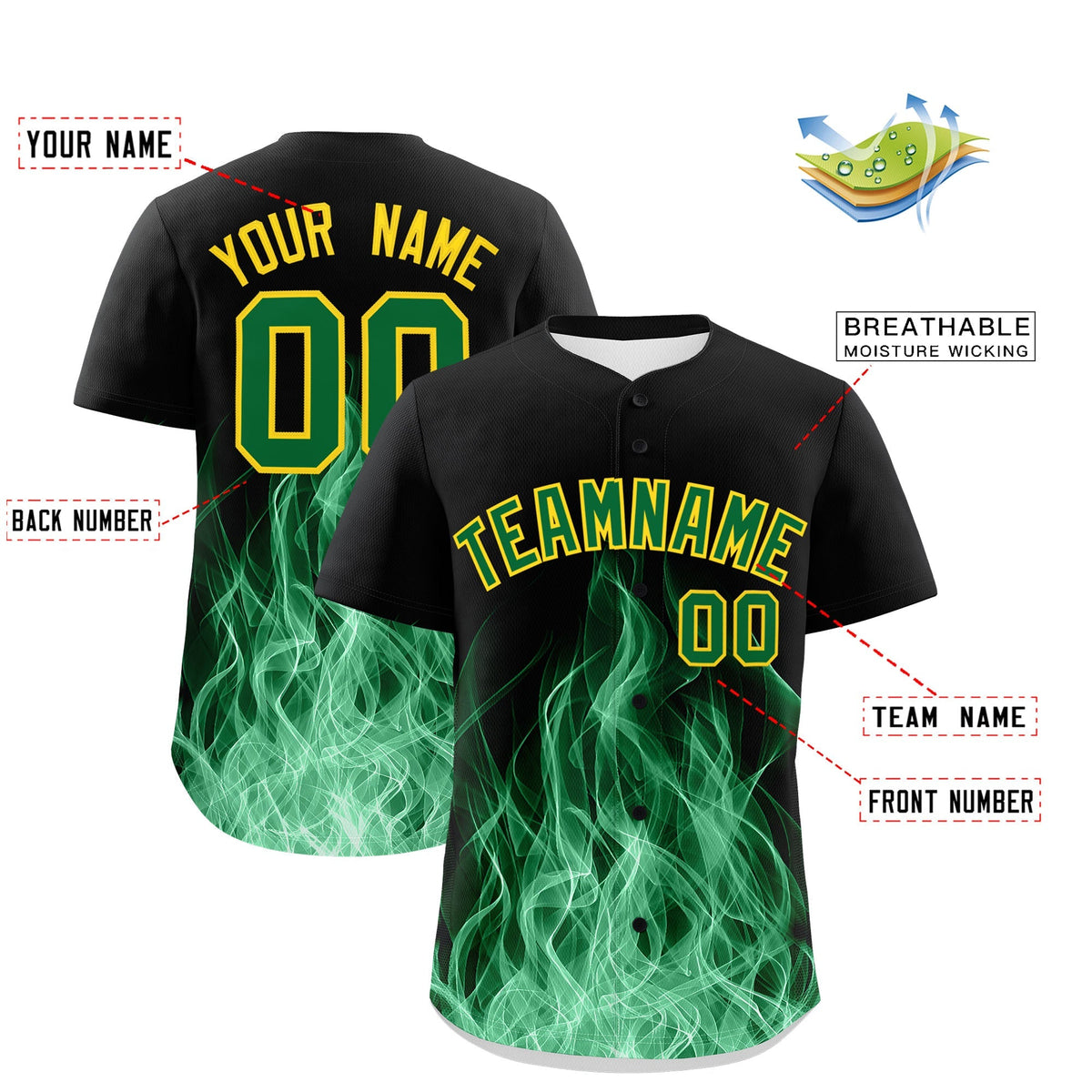 Custom Black Kelly Green Gold Flame Graffiti Pattern Personalization Baseball Jersey| KXKSHOP