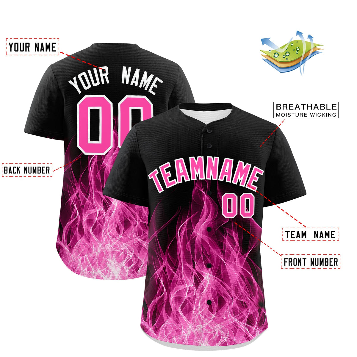 Custom Black Pink White Flame Graffiti Pattern Personalization Baseball Jersey| KXKSHOP