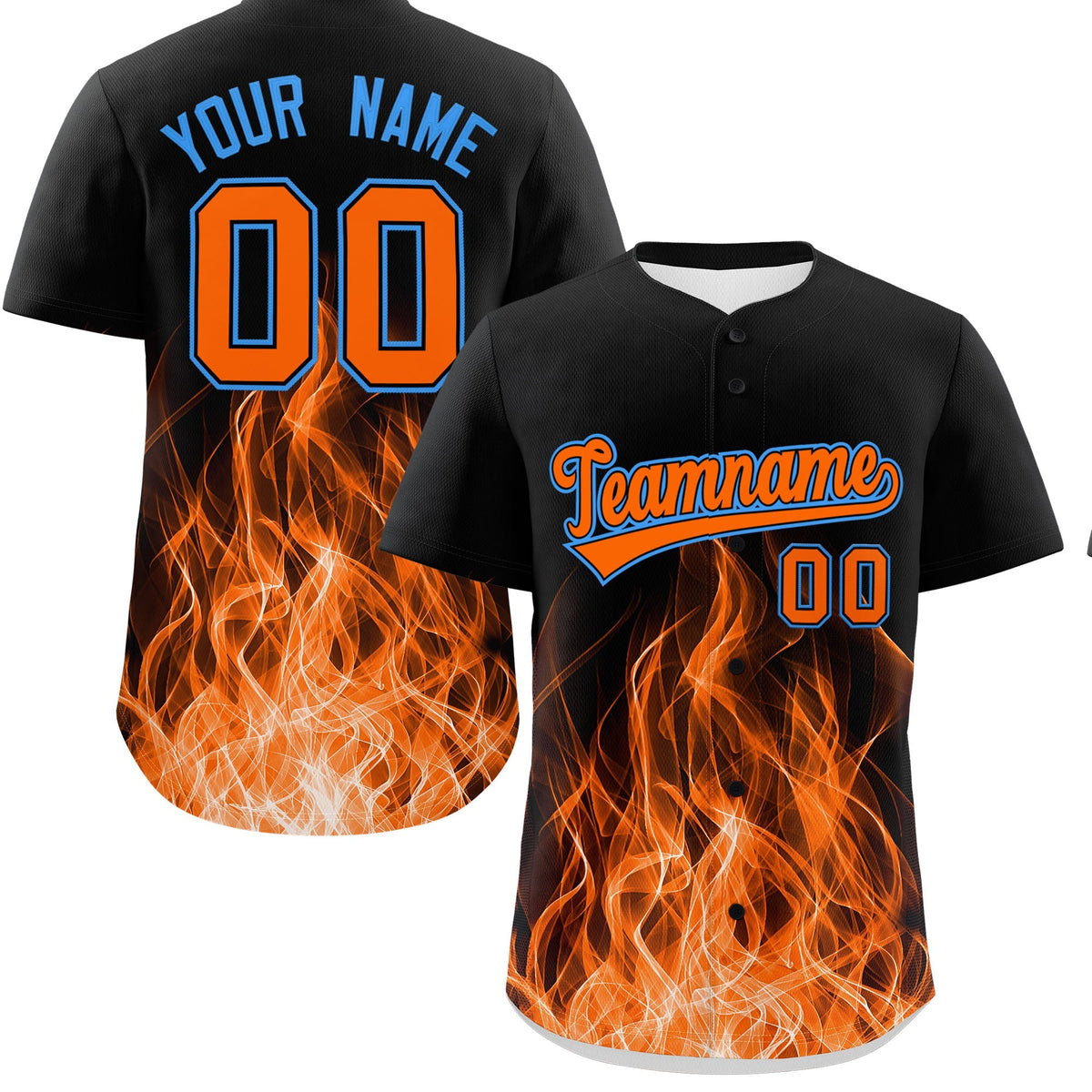 Custom Black Orange Light Blue Flame Graffiti Pattern Personalization Baseball Jersey| KXKSHOP