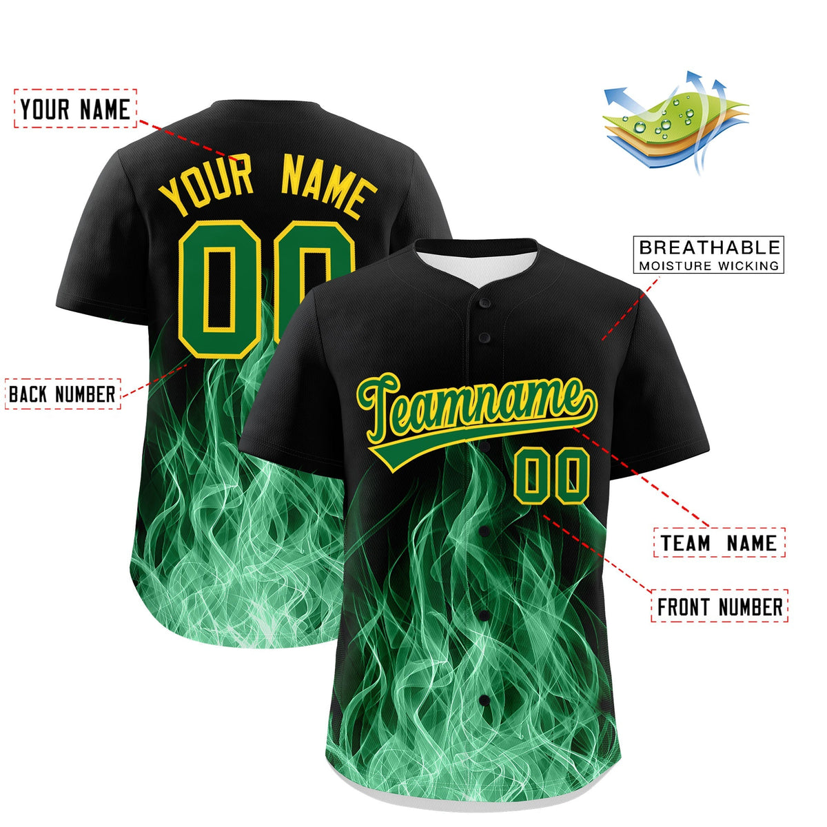 Custom Black Kelly Green Gold Flame Graffiti Pattern Personalization Baseball Jersey| KXKSHOP