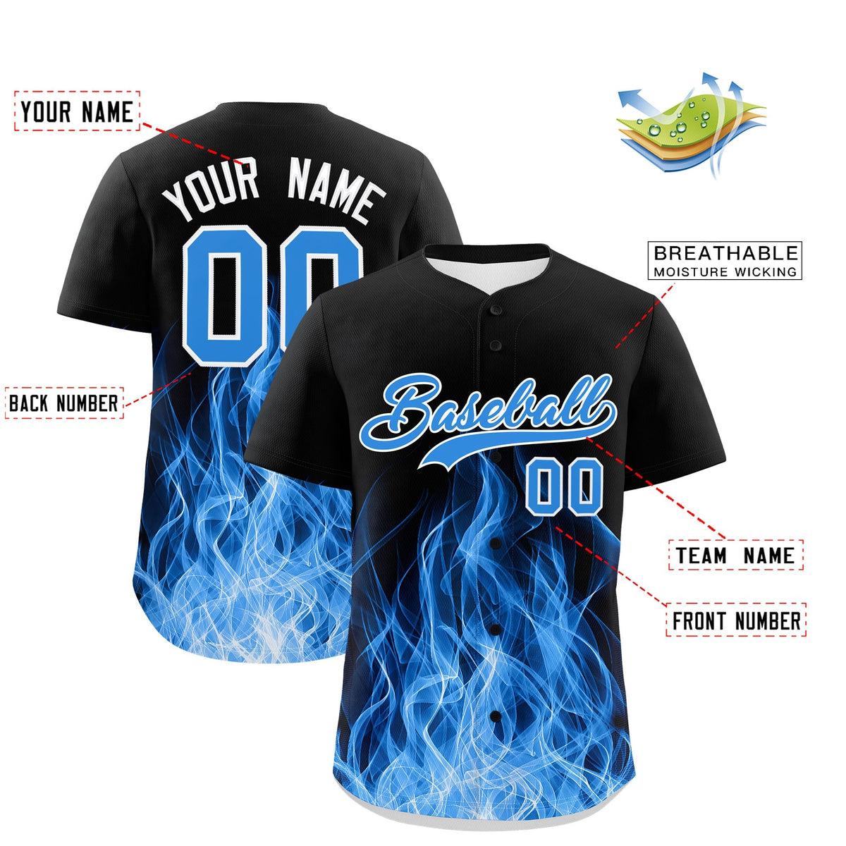 Custom Black Light Blue White Flame Graffiti Pattern Personalization Baseball Jersey| KXKSHOP