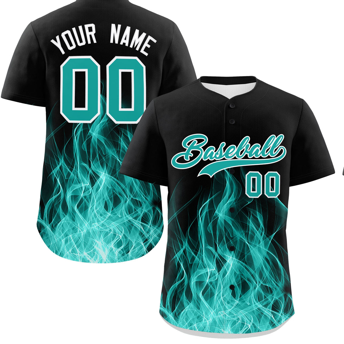 Custom Black Aqua White Flame Graffiti Pattern Personalization Baseball Jersey| KXKSHOP