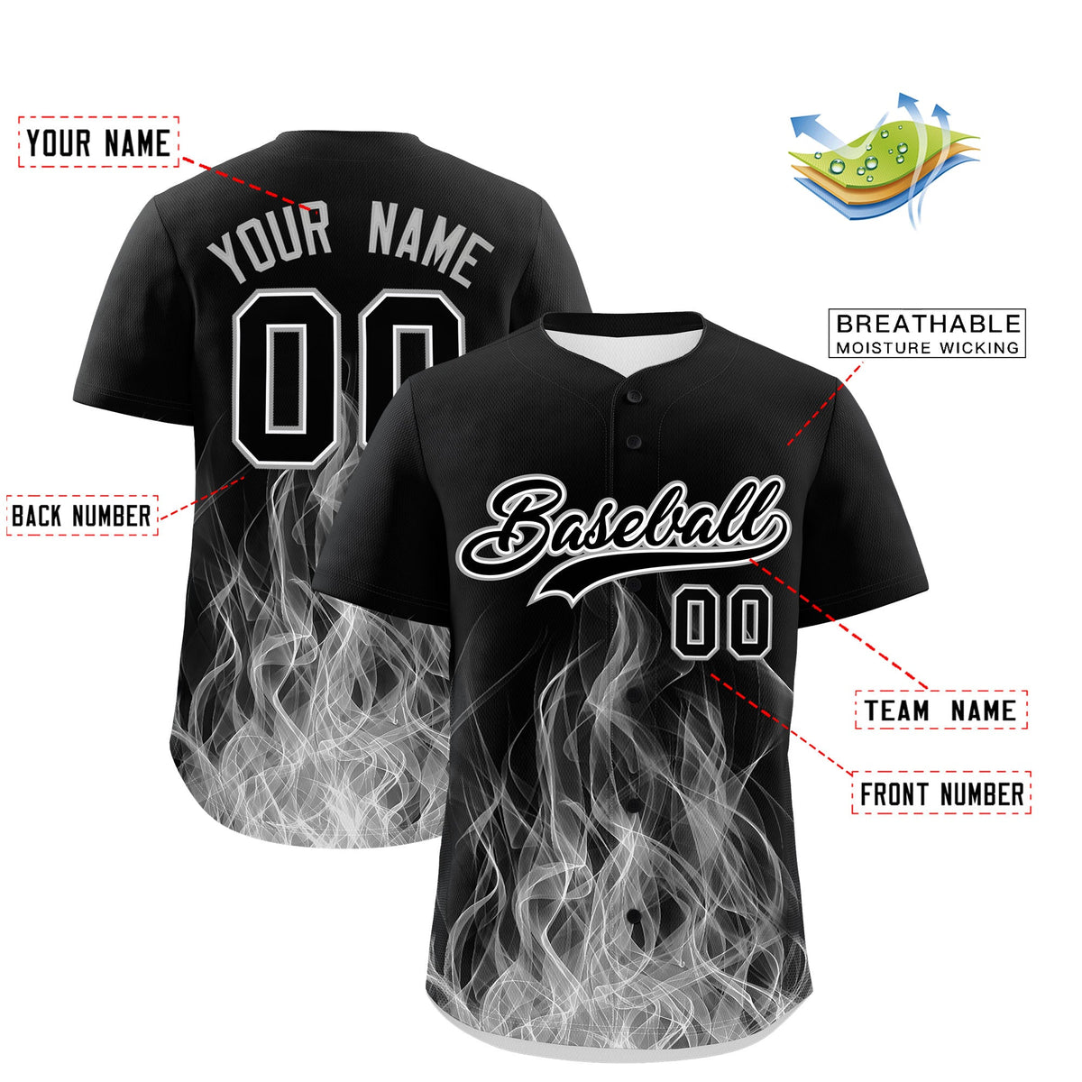 Custom Black White Gray Flame Graffiti Pattern Personalization Baseball Jersey| KXKSHOP