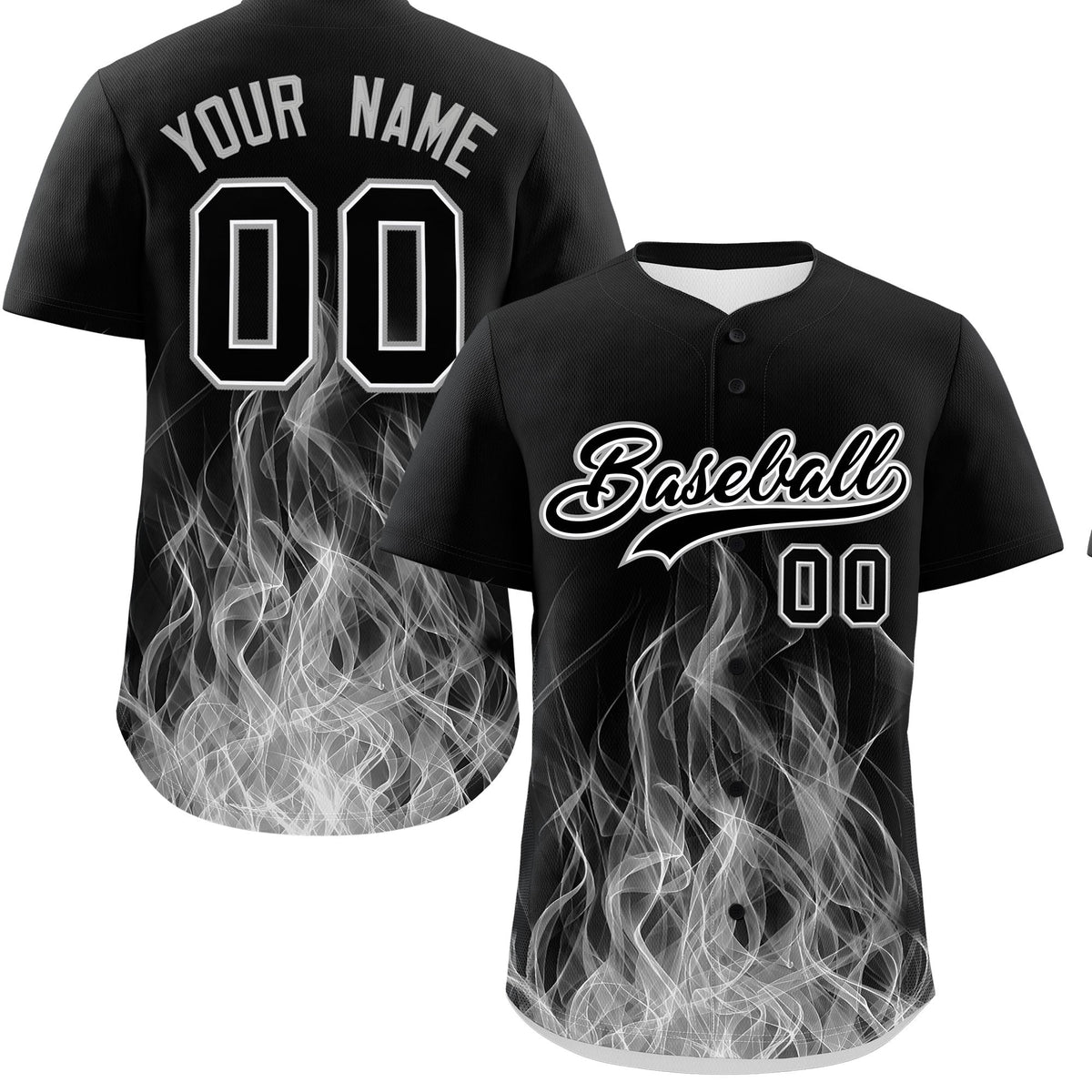 Custom Black White Gray Flame Graffiti Pattern Personalization Baseball Jersey| KXKSHOP