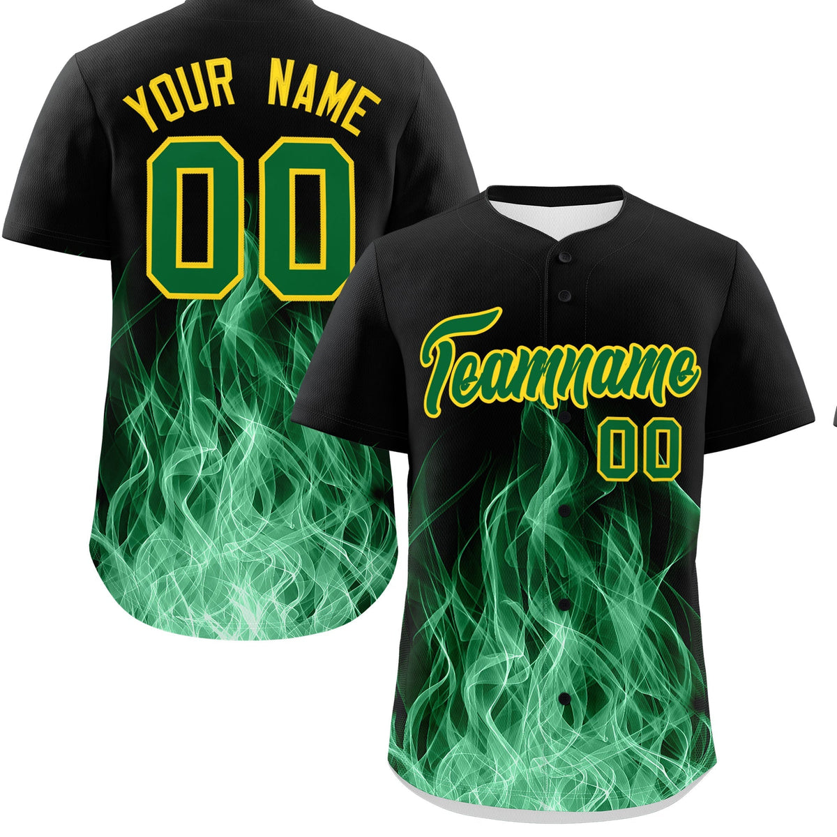 Custom Black Kelly Green Gold Flame Graffiti Pattern Personalization Baseball Jersey| KXKSHOP