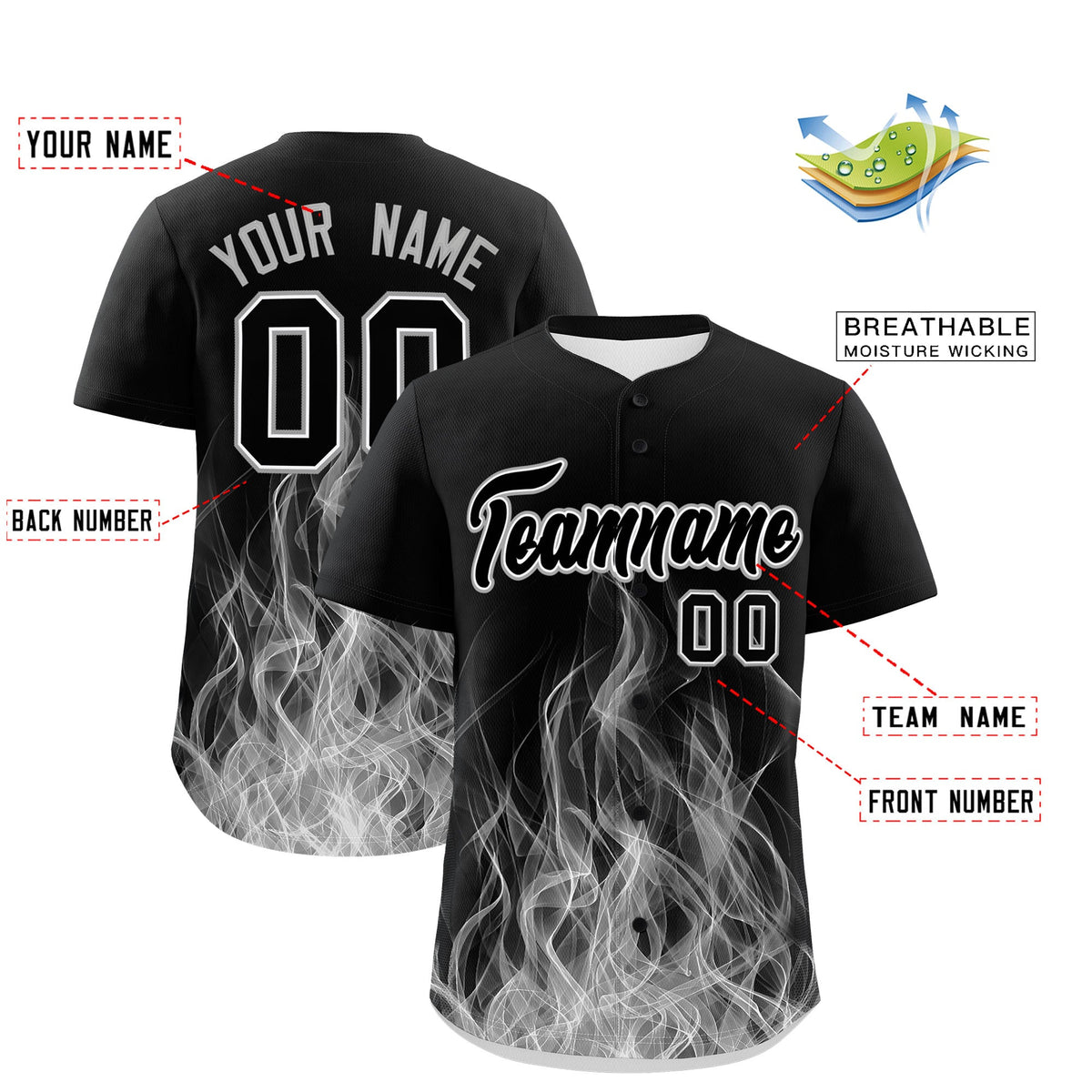 Custom Black White Gray Flame Graffiti Pattern Personalization Baseball Jersey| KXKSHOP