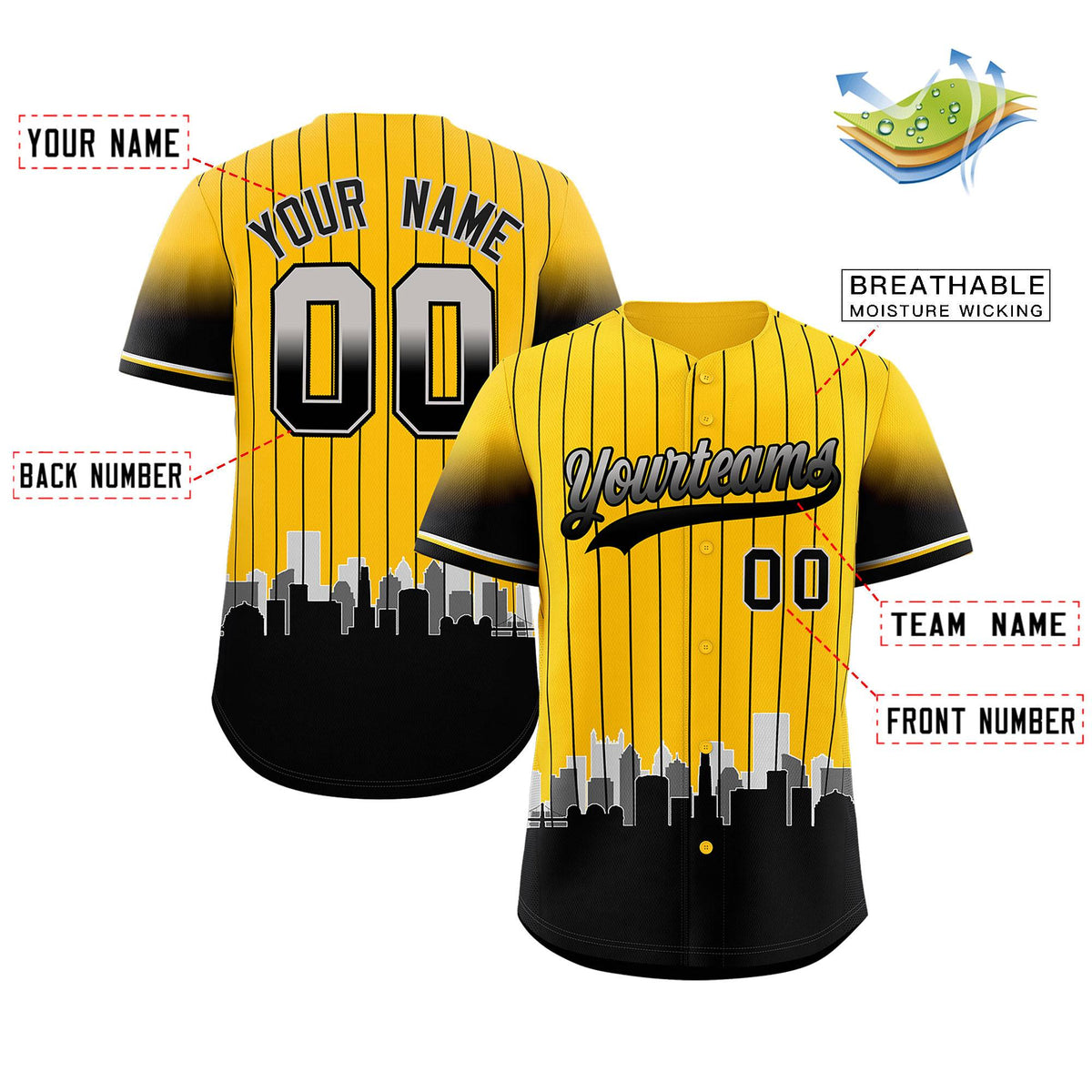 Custom Yellow Pittsburgh City Silhouette Authentic Baseball Jersey| KXKSHOP
