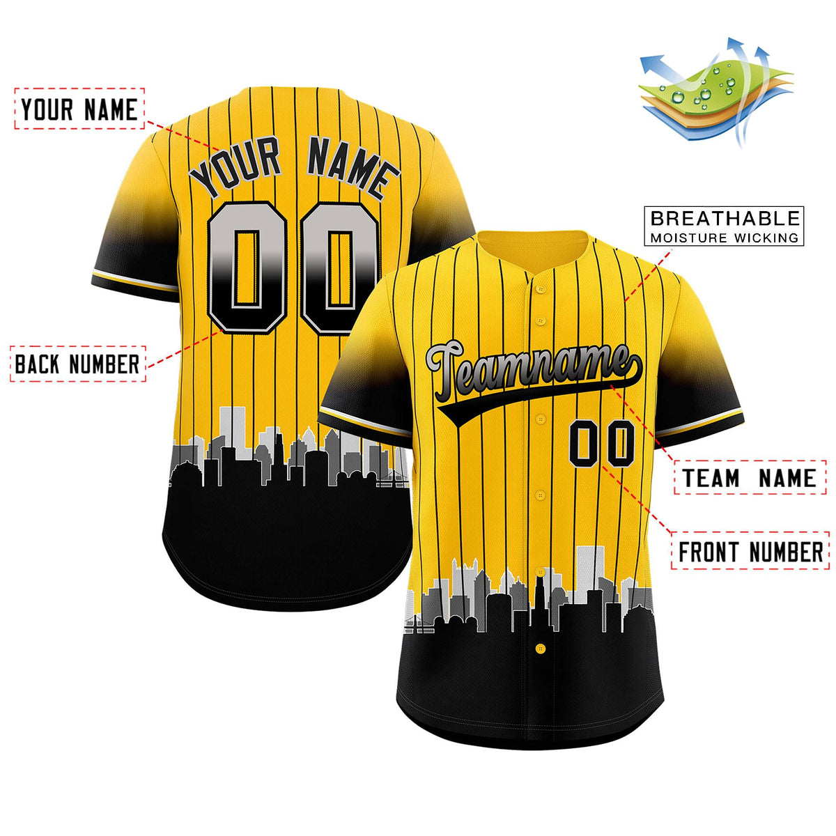 Custom Yellow Pittsburgh City Silhouette Authentic Baseball Jersey| KXKSHOP