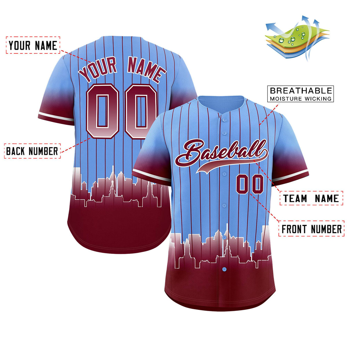 Custom Light Blue Philadelphia City Silhouette Authentic Baseball Jersey| KXKSHOP