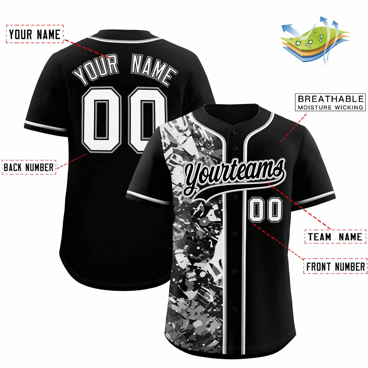 Custom Black White Split Personalized Graffiti Raglan Sleeve Authentic Baseball Jersey