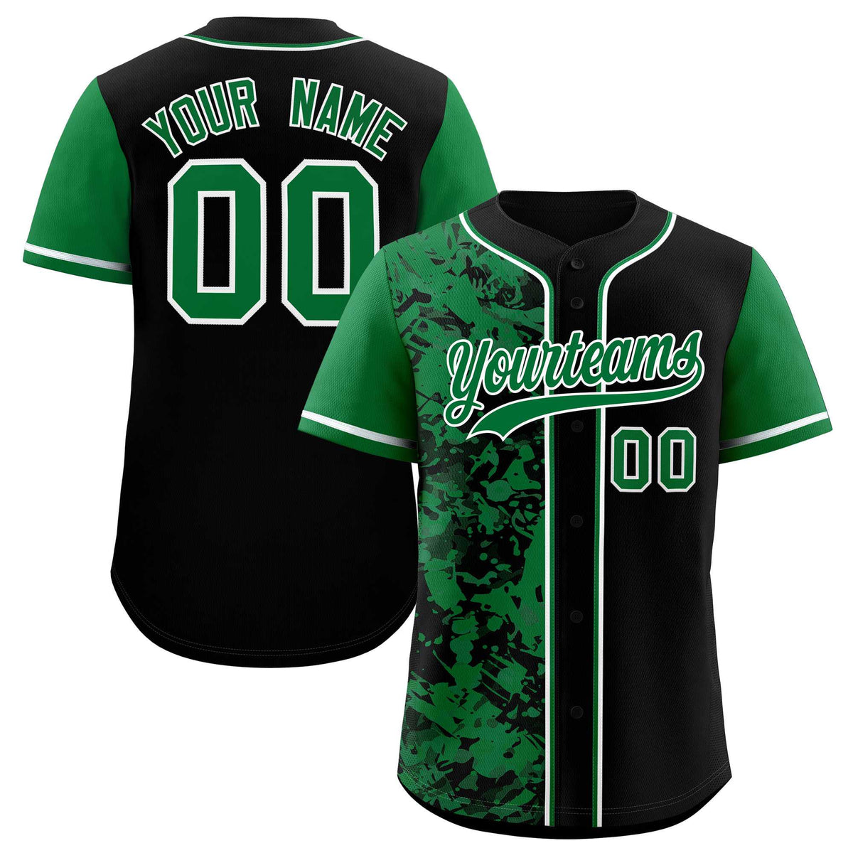 Custom Black Green Split Personalized Graffiti Raglan Sleeve Authentic Baseball Jersey
