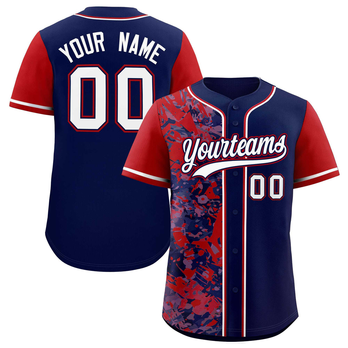 Custom Navy Red Split Personalized Graffiti Raglan Sleeve Authentic Baseball Jersey