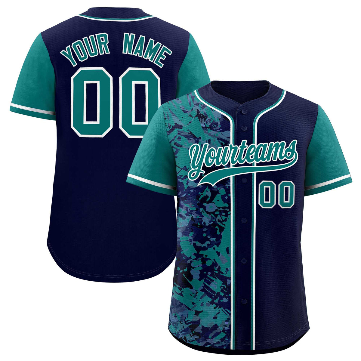 Custom Navy Aqua Split Personalized Graffiti Raglan Sleeve Authentic Baseball Jersey