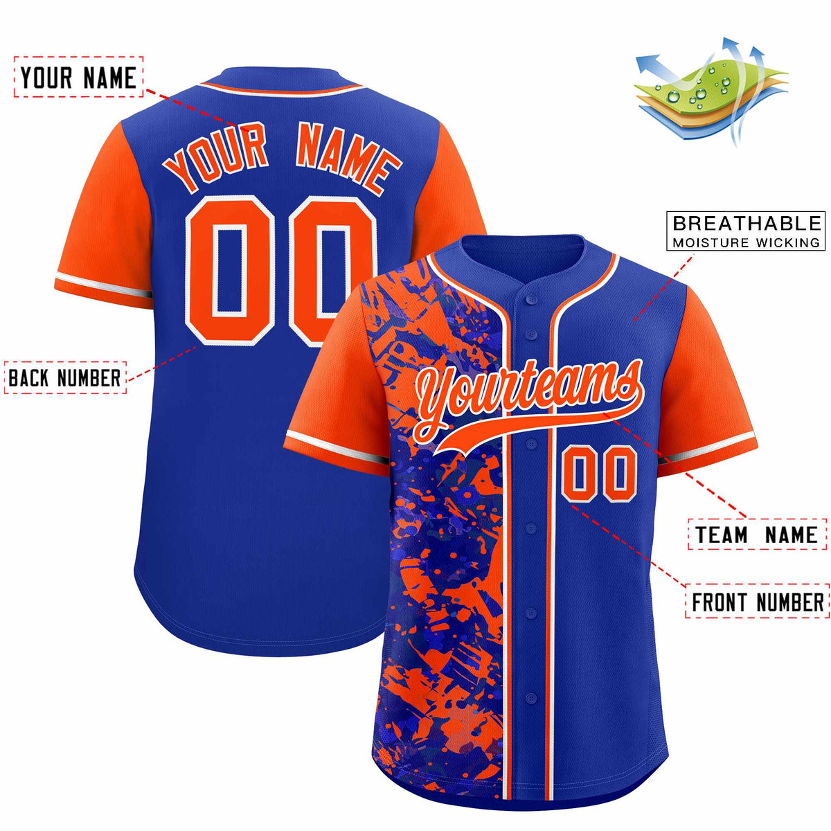 Custom Royal Orange Split Personalized Graffiti Raglan Sleeve Authentic Baseball Jersey