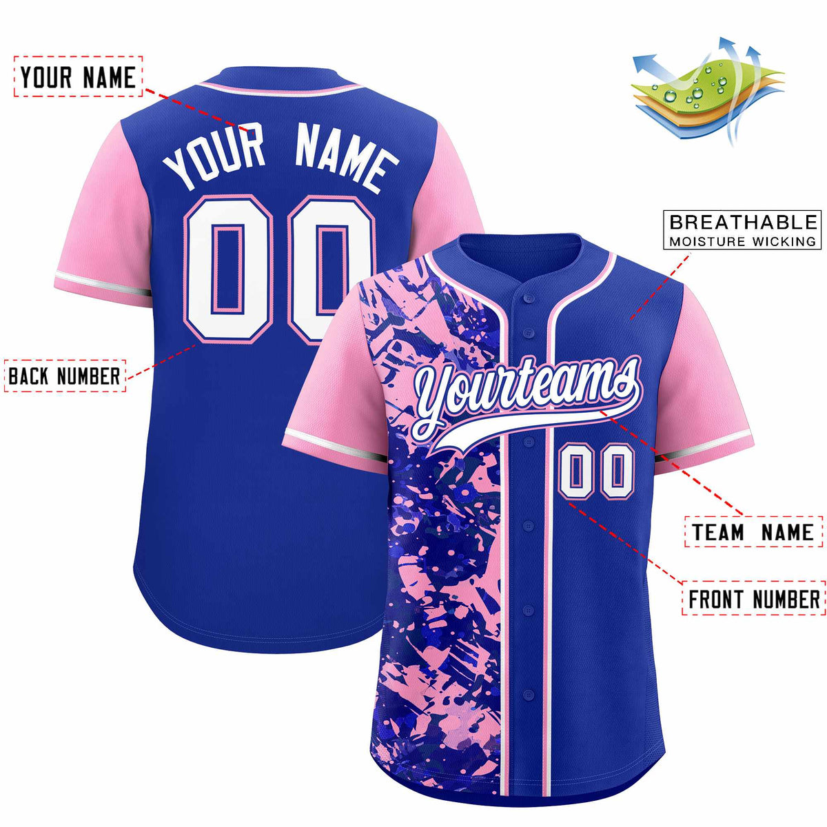 Custom Royal Light Pink Split Personalized Graffiti Raglan Sleeve Authentic Baseball Jersey