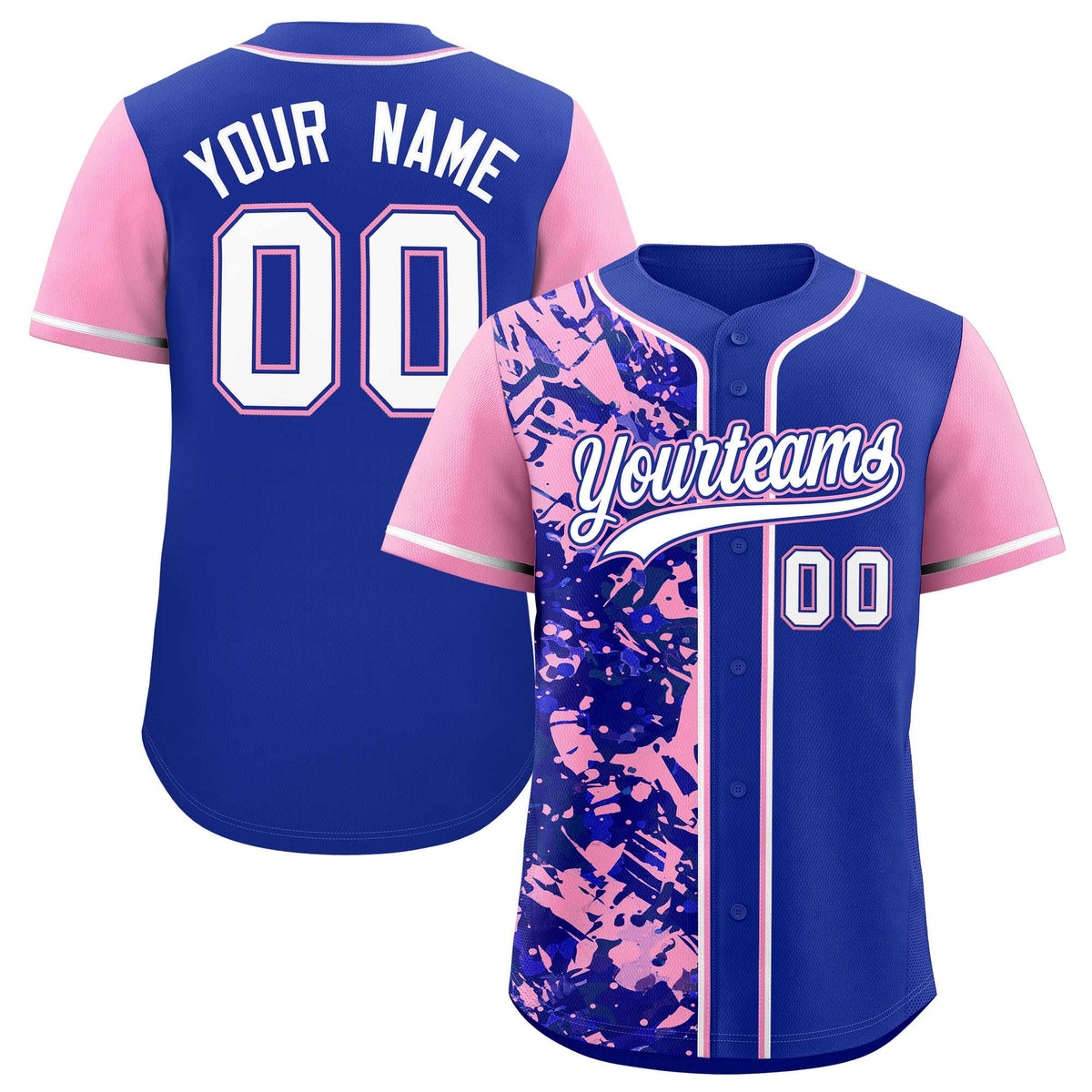 Custom Royal Light Pink Split Personalized Graffiti Raglan Sleeve Authentic Baseball Jersey