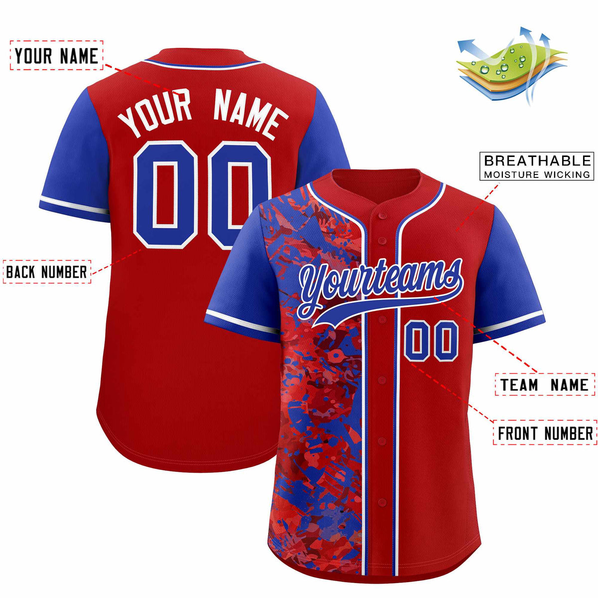 Custom Red Royal Split Personalized Graffiti Raglan Sleeve Authentic Baseball Jersey