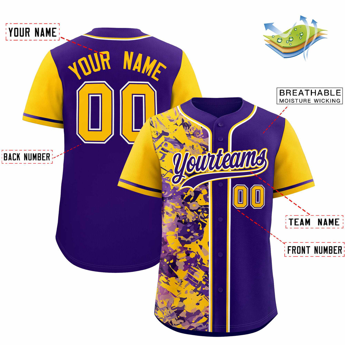 Custom Purple Yellow Split Personalized Graffiti Raglan Sleeve Authentic Baseball Jersey
