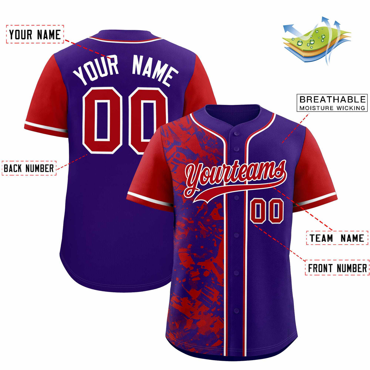 Custom Purple Red Split Personalized Graffiti Raglan Sleeve Authentic Baseball Jersey