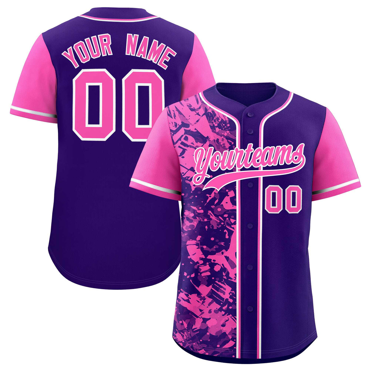 Custom Purple Pink Split Personalized Graffiti Raglan Sleeve Authentic Baseball Jersey