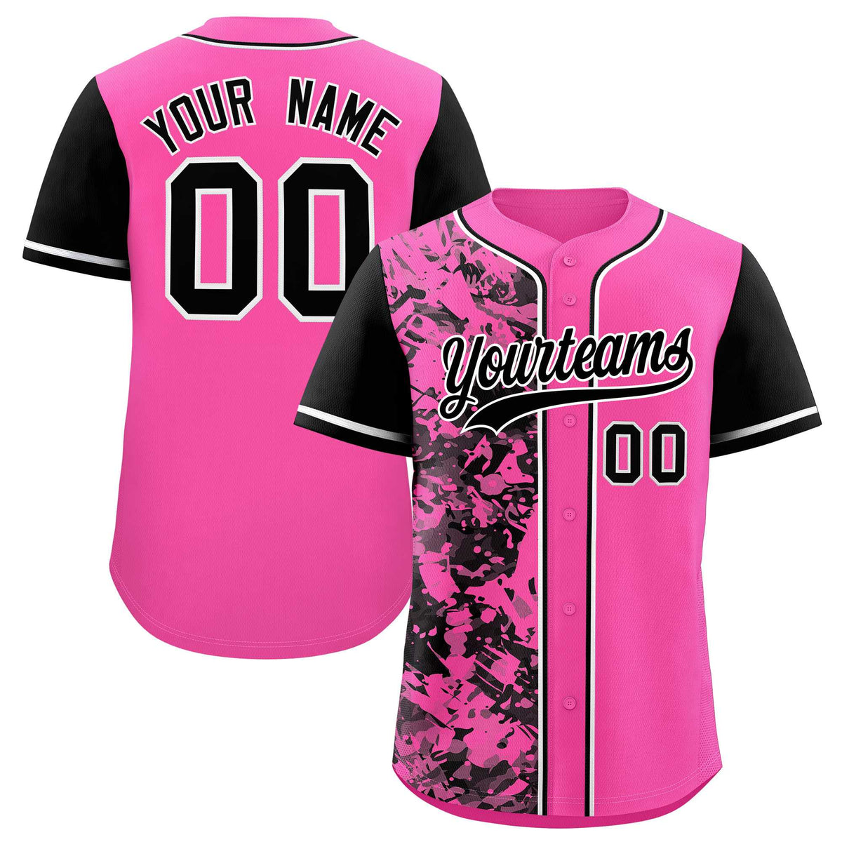 Custom Pink Black Split Personalized Graffiti Raglan Sleeve Authentic Baseball Jersey