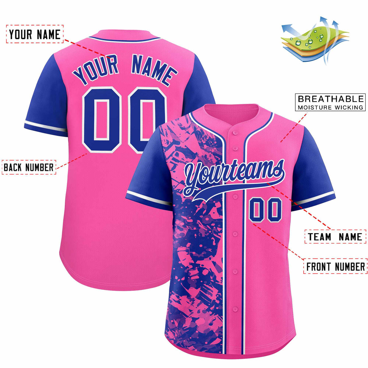 Custom Pink Royal Split Personalized Graffiti Raglan Sleeve Authentic Baseball Jersey