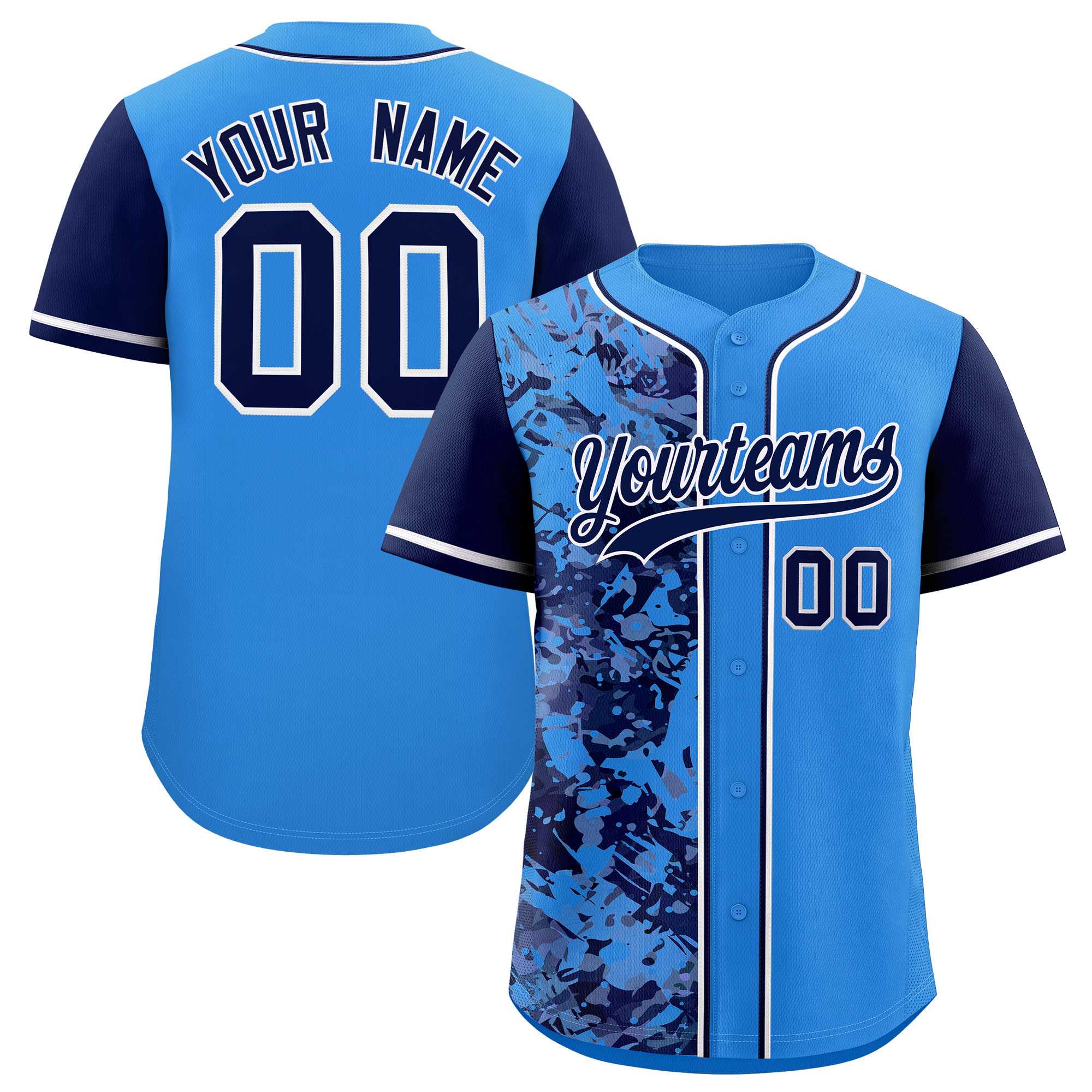 Custom Blue Navy Split Personalized Graffiti Raglan Sleeve Authentic Baseball Jersey