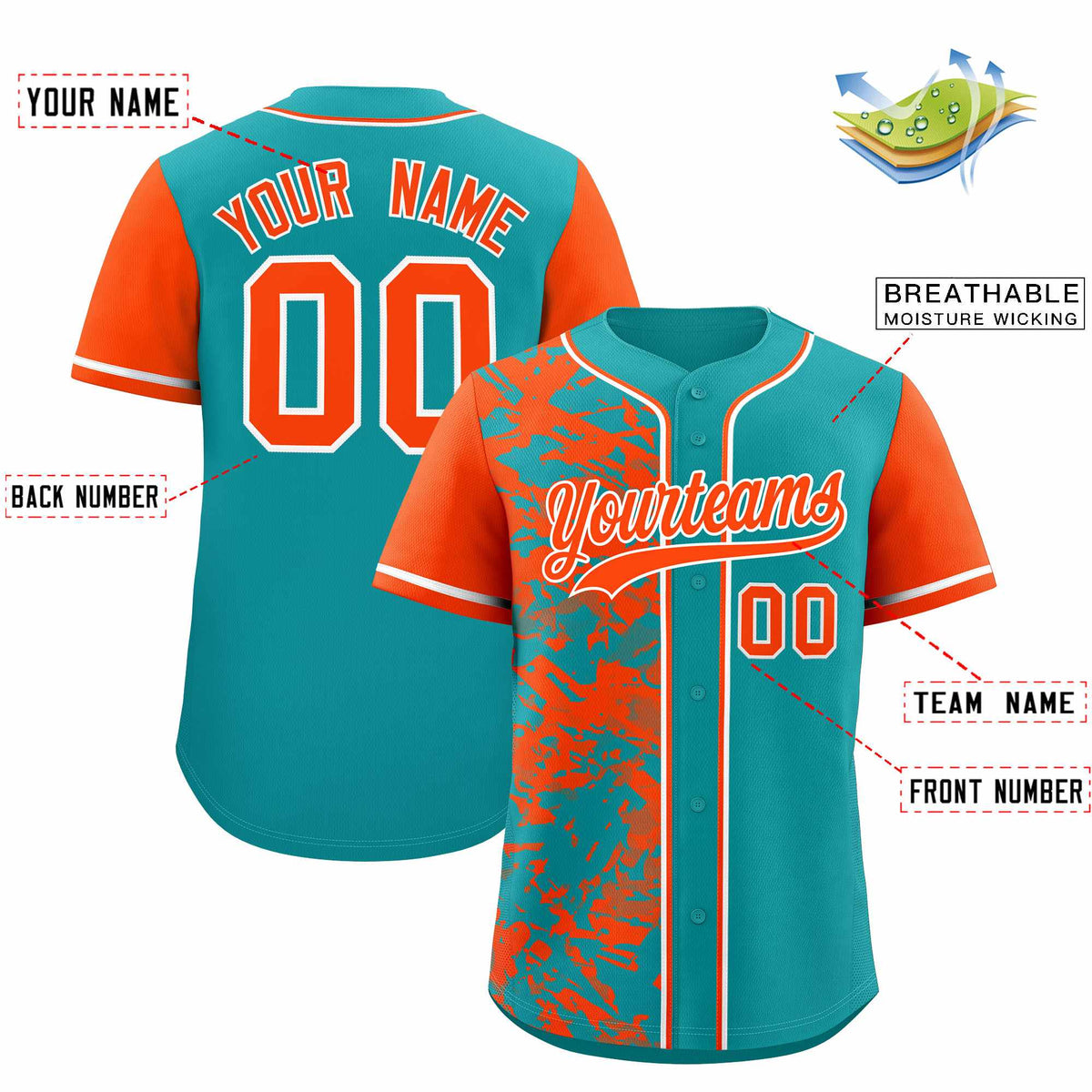 Custom Aqua Orange Split Personalized Graffiti Raglan Sleeve Authentic Baseball Jersey