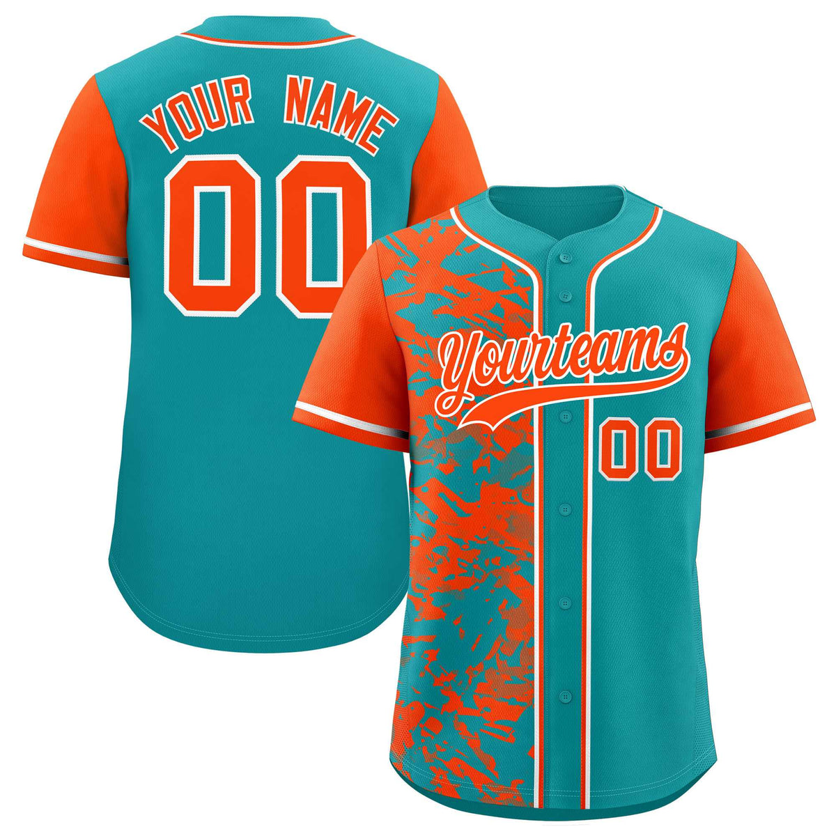 Custom Aqua Orange Split Personalized Graffiti Raglan Sleeve Authentic Baseball Jersey