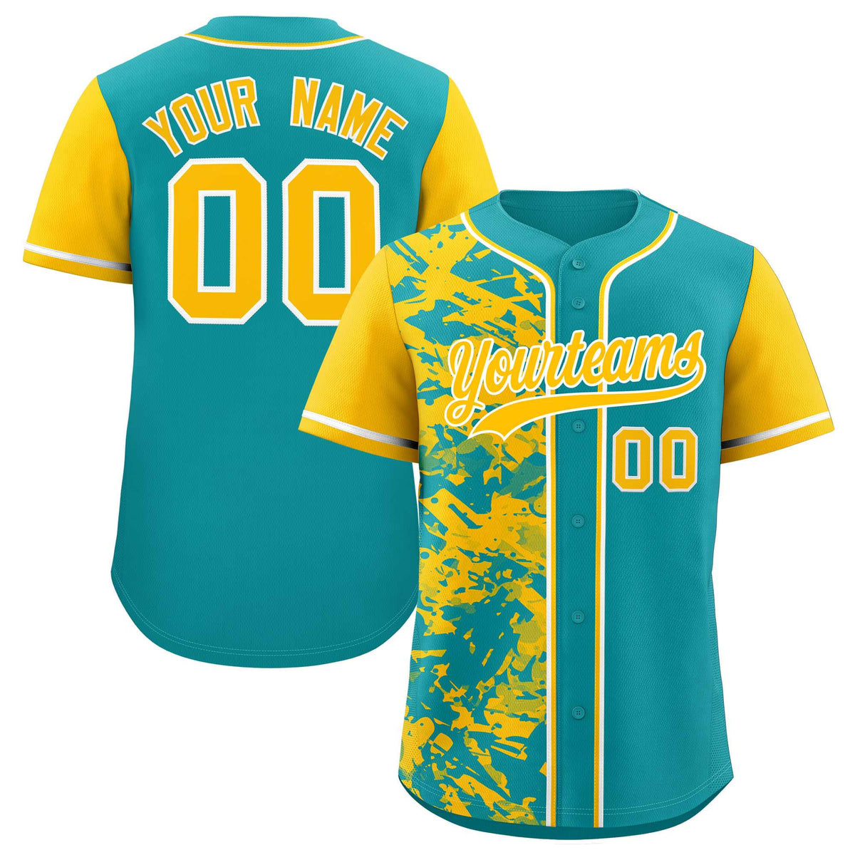 Custom Aqua Yellow Split Personalized Graffiti Raglan Sleeve Authentic Baseball Jersey