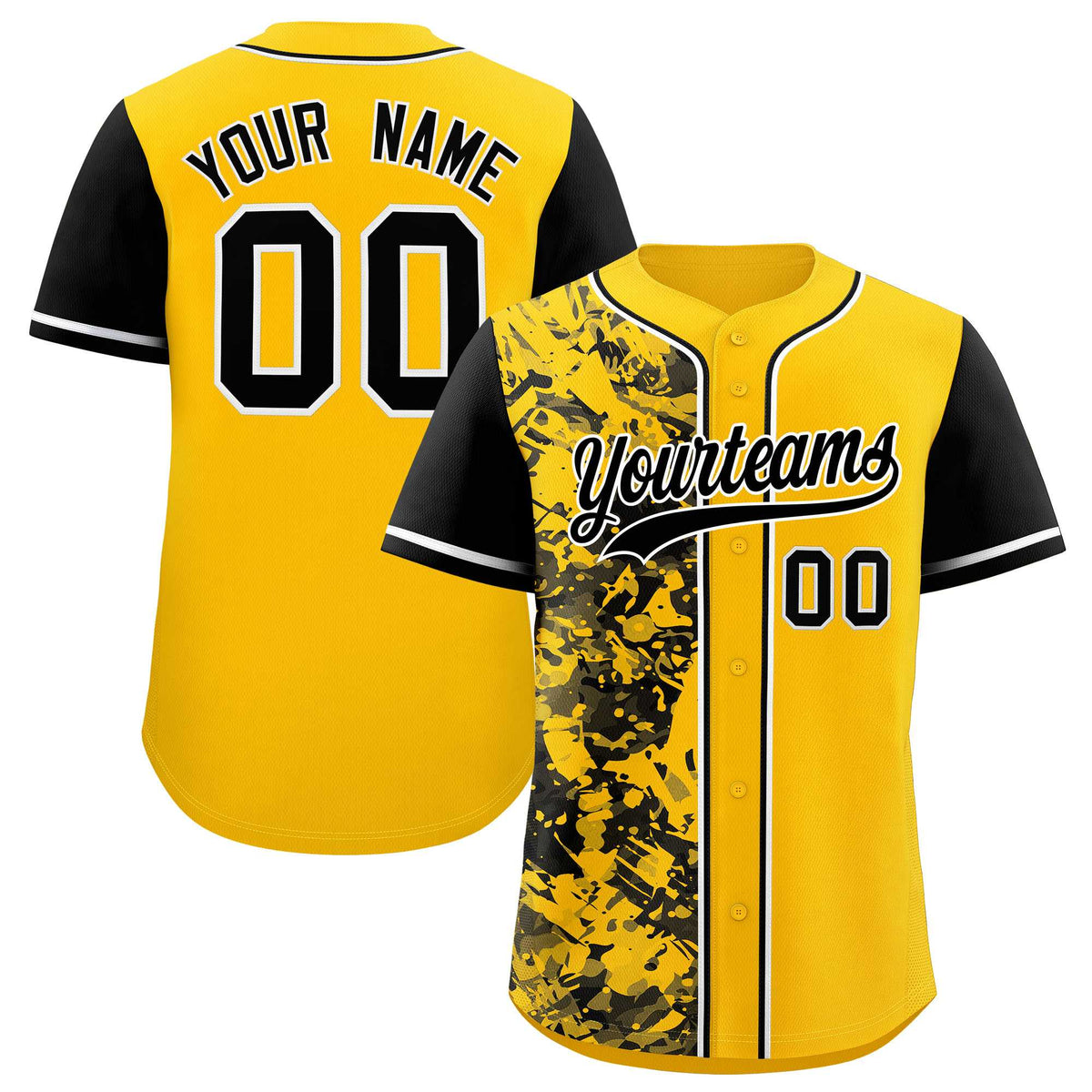 Custom Yellow Black Split Personalized Graffiti Raglan Sleeve Authentic Baseball Jersey