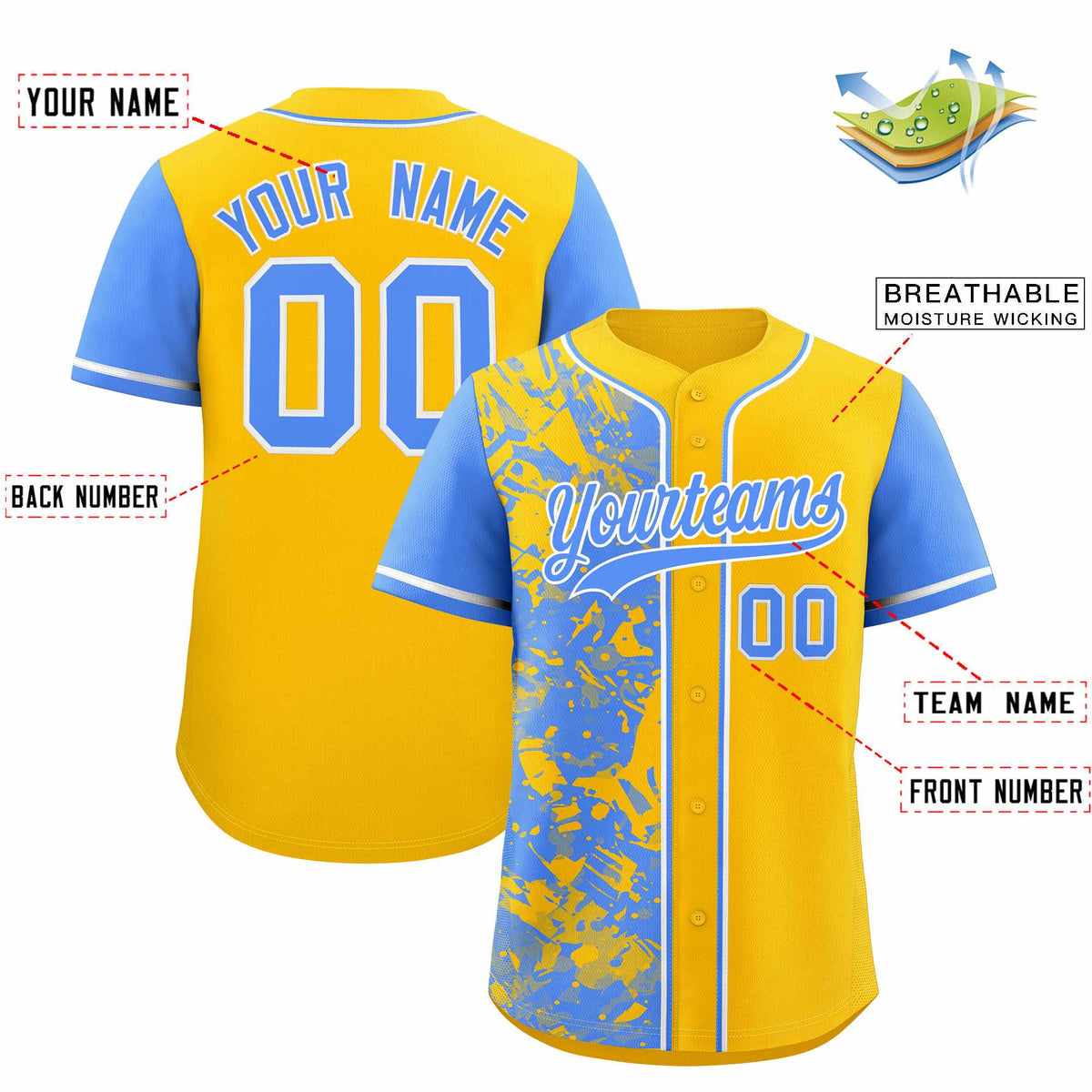 Custom Yellow Powder Blue Split Personalized Graffiti Raglan Sleeve Authentic Baseball Jersey