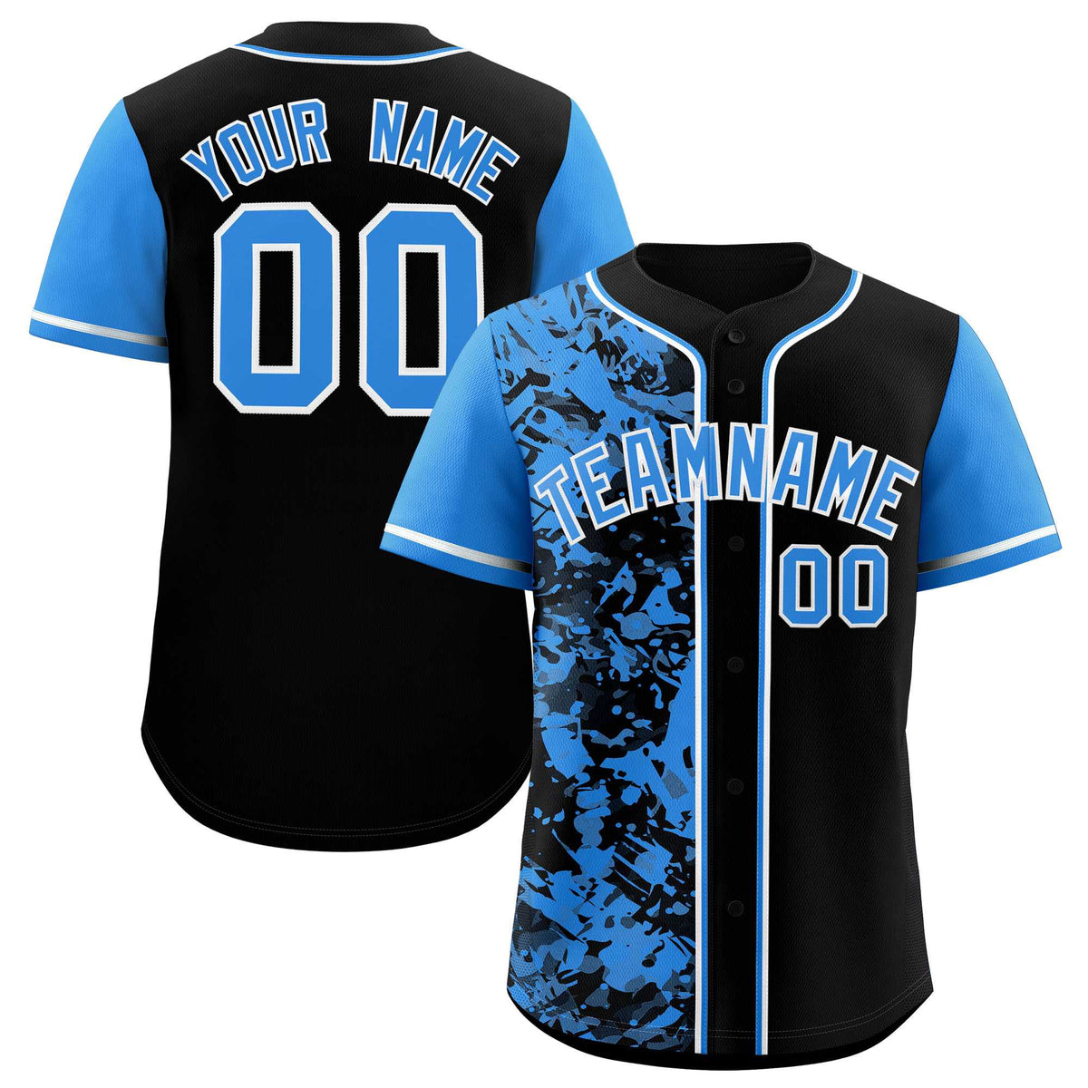 Custom Black Blue Split Personalized Graffiti Raglan Sleeve Authentic Baseball Jersey
