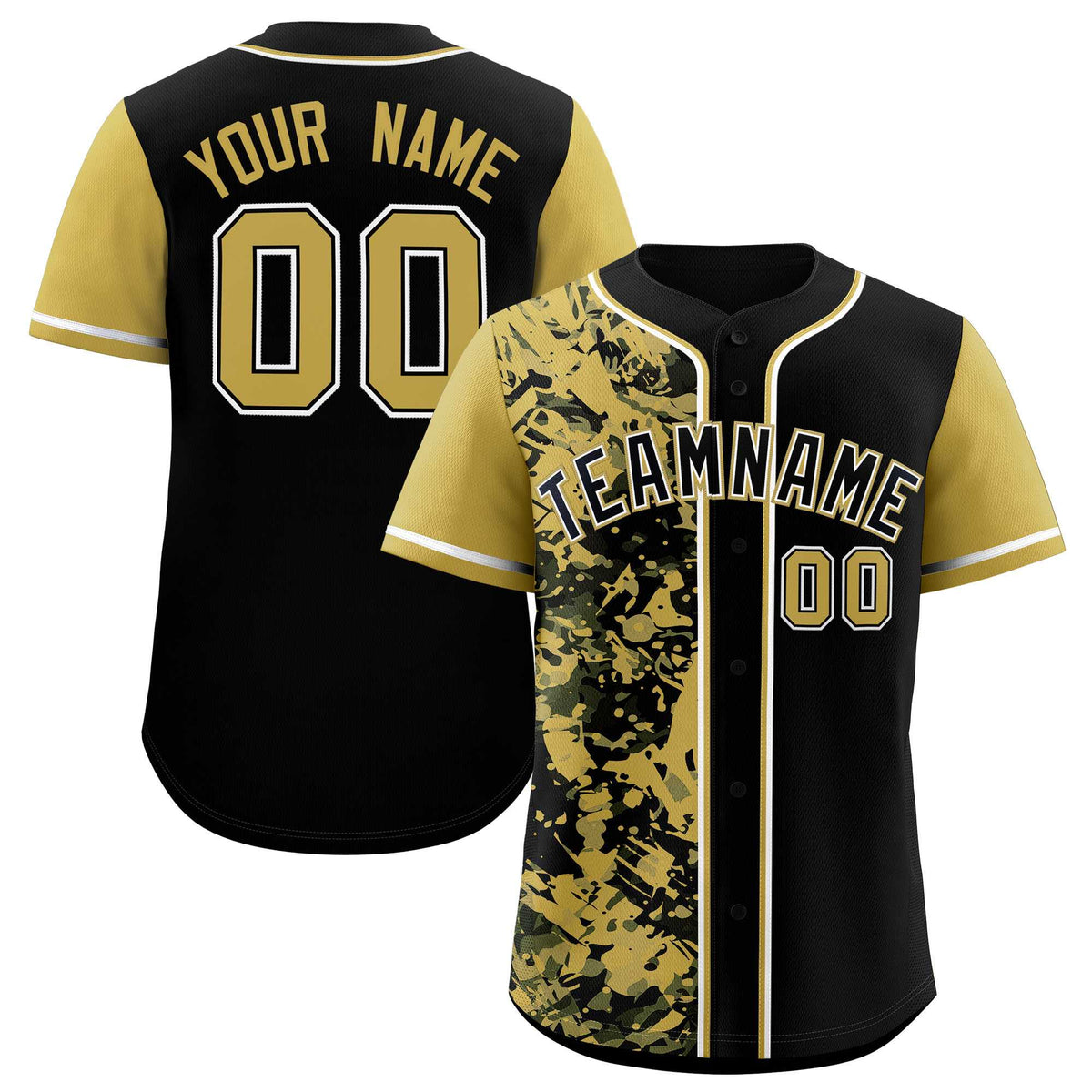 Custom Black Old Gold Split Personalized Graffiti Raglan Sleeve Authentic Baseball Jersey